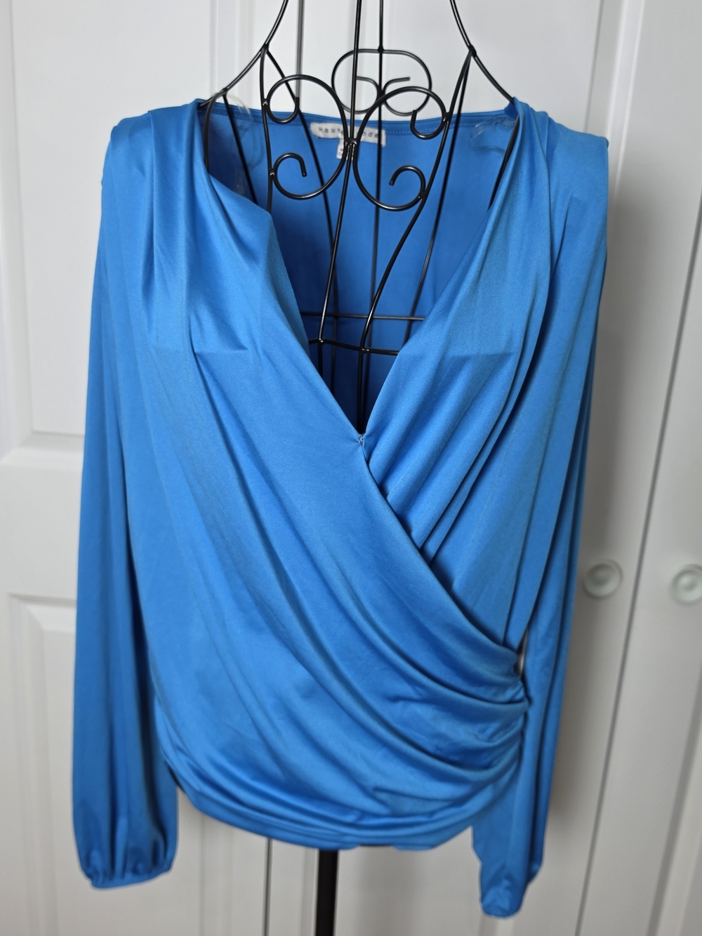 NWT Haute Monde Blue Ruched Draped Wrap Long Sleeve Top Size L